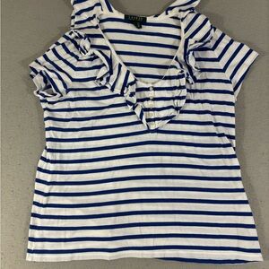 Lauren Ralph Lauren Blue White Striped Ruffle Top Womens XL Cotton Nautical